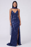 Yellow Mermaid Sequin Spaghetti Straps Maxi Dress with Slit