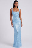 Square Neck Sequin Light Blue Mermaid Formal Dress