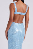 Square Neck Sequin Light Blue Mermaid Formal Dress