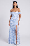 Off the Shoulder A Line Pink Floral Maxi Dress with Slit