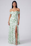 Off the Shoulder A Line Pink Floral Maxi Dress with Slit
