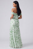 Off the Shoulder A Line Pink Floral Maxi Dress with Slit