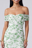 Off the Shoulder A Line Pink Floral Maxi Dress with Slit