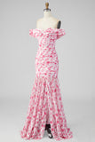 Off the Shoulder Light Green A Line Maxi Floral Dress with Slit