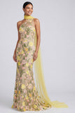 One Shoulder Yellow Mermaid Appliqued Maxi Floral Dress
