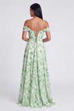 Off The Shoulder Blue Floral A Line Formal Dress with Slit
