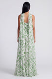 Light Green Strapless A Line Floral Maxi Dress with Scarf