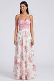 A Line Light Pink Spaghetti Straps Maxi Floral Dress