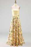 Strapless Yellow A Line Maxi Floral Dress with a Neck Scarf