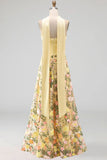 Strapless Yellow A Line Maxi Floral Dress with a Neck Scarf
