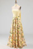 Strapless Yellow A Line Maxi Floral Dress with a Neck Scarf