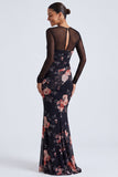 Black Floral Illusion Neck Mermaid Long Sleeve Formal Dress