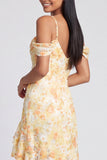 Yellow Cold Shoulder Ruffled Asymmetrical Floral Dress