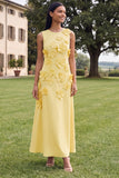 Yellow A-Line Round Neck 3D Flowers Maxi Dress