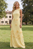 Yellow A Line Boat Neck Maxi Dress with 3D Flowers