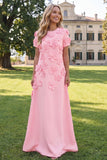 Pink A-Line 3D Flowers Round Neck Maxi Dress with Short Sleeves
