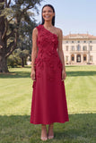 One Shoulder Sage Green A-Line Maxi Dress with 3D Flowers