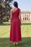 One Shoulder Sage Green A-Line Maxi Dress with 3D Flowers