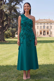 One Shoulder Sage Green A-Line Maxi Dress with 3D Flowers