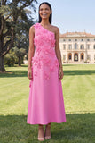 One Shoulder Sage Green A-Line Maxi Dress with 3D Flowers