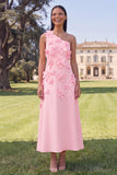One Shoulder Sage Green A-Line Maxi Dress with 3D Flowers