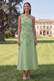 One Shoulder Sage Green A-Line Maxi Dress with 3D Flowers