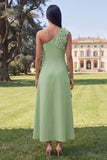 One Shoulder Sage Green A-Line Maxi Dress with 3D Flowers