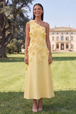 One Shoulder Sage Green A-Line Maxi Dress with 3D Flowers