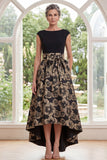 Black A-Line Bateau Neck Floral High Low Mother Of the Bride Dress with Bow