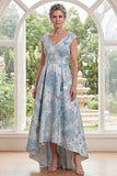 Blue Floral A-Line V-Neck High Low Mother Of the Bride Dress with Cap Sleeves