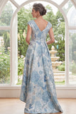 Blue Floral A-Line V-Neck High Low Mother Of the Bride Dress with Cap Sleeves