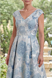 Blue Floral A-Line V-Neck High Low Mother Of the Bride Dress with Cap Sleeves