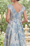 Blue Floral A-Line V-Neck High Low Mother Of the Bride Dress with Cap Sleeves