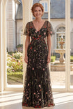 Black A-Line V-Neck Floral Long Mother Of the Bride Dress with Short Sleeves