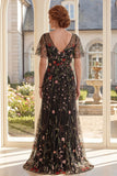 Black A-Line V-Neck Floral Long Mother Of the Bride Dress with Short Sleeves
