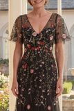 Black A-Line V-Neck Floral Long Mother Of the Bride Dress with Short Sleeves