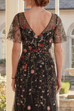 Black A-Line V-Neck Floral Long Mother Of the Bride Dress with Short Sleeves