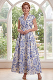 White Blue Flower A-Line V-Neck Long Mother of the Bride Dress with Cap Sleeves