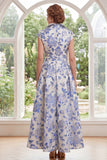 White Blue Flower A-Line V-Neck Long Mother of the Bride Dress with Cap Sleeves