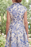 White Blue Flower A-Line V-Neck Long Mother of the Bride Dress with Cap Sleeves