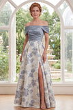 Off the Shoulder Dusty Blue A-Line Floral Long Mother Of the Bride Dress with Slit
