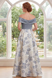 Off the Shoulder Dusty Blue A-Line Floral Long Mother Of the Bride Dress with Slit