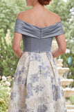 Off the Shoulder Dusty Blue A-Line Floral Long Mother Of the Bride Dress with Slit