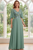 Sage Green A-Line Chiffon Embroidered Long Mother Of the Bride Dress