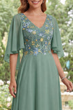 Sage Green A-Line Chiffon Embroidered Long Mother Of the Bride Dress