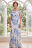 White Blue Flower Off the Shoulder Sheath Chiffon Long Mother of the Bride Dress