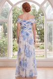 White Blue Flower Off the Shoulder Sheath Chiffon Long Mother of the Bride Dress