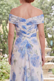 White Blue Flower Off the Shoulder Sheath Chiffon Long Mother of the Bride Dress