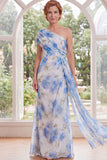 One Shoulder Chiffon White Blue Flower Sheath Mother Of the Bride Dress with Streamer