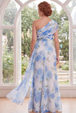 One Shoulder Chiffon White Blue Flower Sheath Mother Of the Bride Dress with Streamer